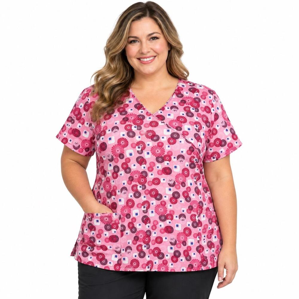SB Scrubs Tunic Blouse Womens 2X Pink Floral V Neck Short Sleeve Pockets Top